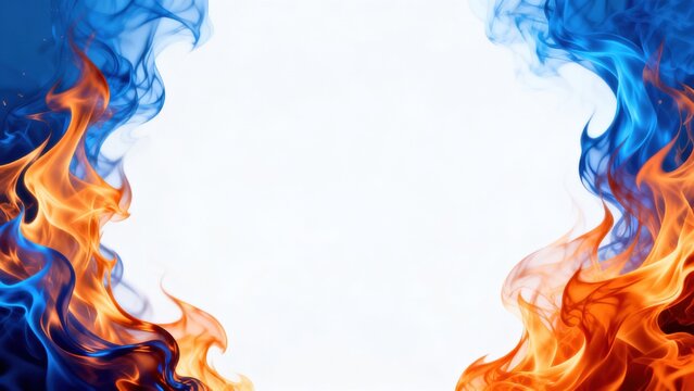 Blue and orange flames on white background