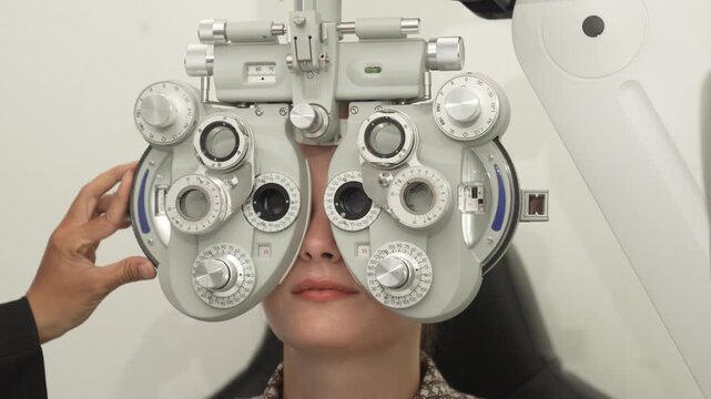 A positive female patient undergoes a professional vision check and refraction test using advanced ophthalmic equipment. This high-value commercial stock imagery represents preventative healthcare, pr