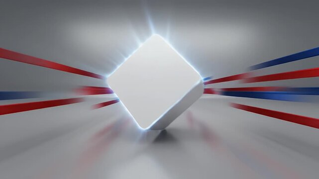 A bright white cube emits light, with red and blue streaks radiating outward.
