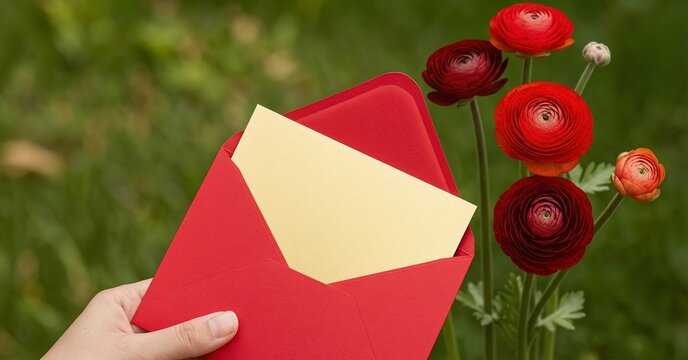 Hand Holding Red Envelope with Letter and Flowers for Romantic Greeting