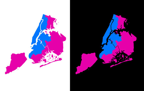 New York City map with five boroughs, colorful NYC district silhouette vector, pink and blue urban geography illustration on white and black background