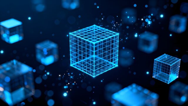 Blue wireframe cubes in digital space