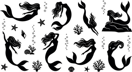Collection of black silhouette mermaid icons in different swimming and sitting poses with underwater elements like starfish, seashells, coral reefs, and air bubbles. © ShuvoStock