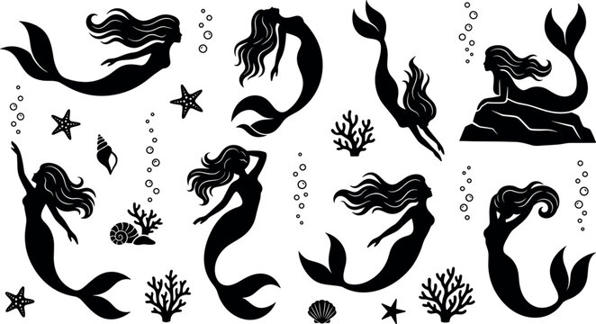 Collection of black silhouette mermaid icons in different swimming and sitting poses with underwater elements like starfish, seashells, coral reefs, and air bubbles.