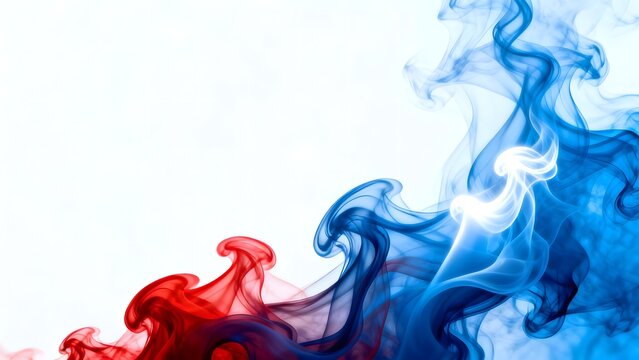 Red and blue smoke swirling against white background