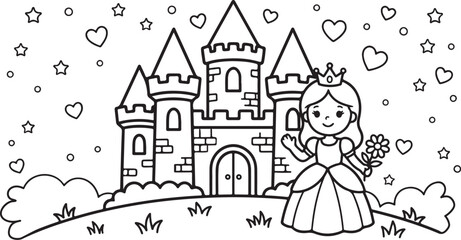 Princess and castle coloring page illustration isolated on transparent background © Mansura
