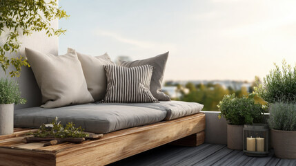 Obraz premium Urban balcony furnishing a comfortable and stylish outdoor lounge area with woven sofa, decorative pillows, and potted plants, creating a tranquil space for city relaxation and modern living