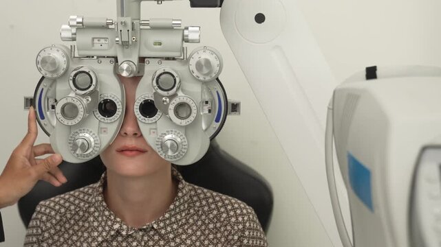 A positive female patient undergoes a professional vision check and refraction test using advanced ophthalmic equipment. This high-value commercial stock imagery represents preventative healthcare, pr