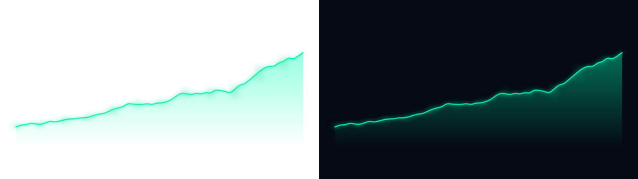 A glowing neon green financial growth chart line moving upwards with a soft gradient effect shown on transparent background