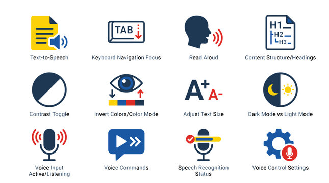 Web Accessibility Icons Set for Digital Interface Design and User Experience Improvement Featuring Voice and Visual Control Tools