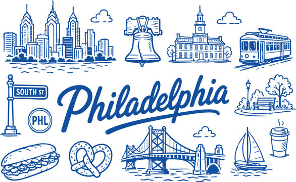 Philadelphia Travel Vector Set with Skyline, Liberty Bell, Independence Hall, Streetcar, Bridge and City Food Icons