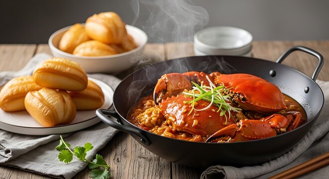 Steaming chili crab with fried mantou buns on rustic wooden table in warm kitchen setting