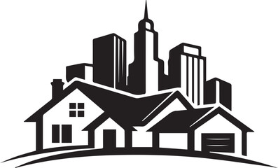 Obraz premium Modern real estate logo with suburban house and city skyline, black and white residential building icon, urban development eps vector