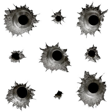 A collection of realistic bullet hole marks with torn metal edges and shattered impact details isolated on a transparent background