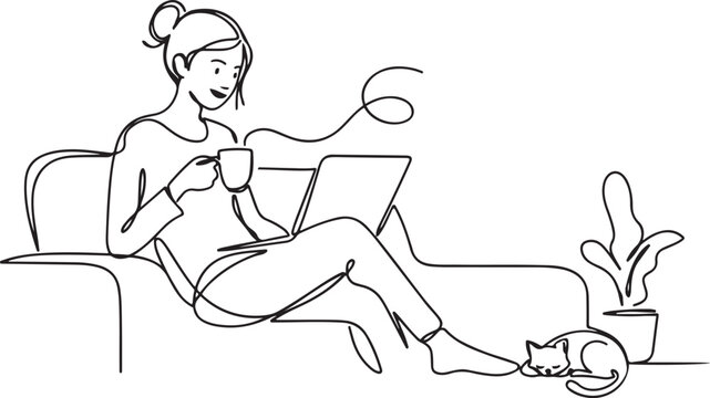 home smart work designed in a single continuous line, girl sitting on sofa drinks coffee. one line Art icon drawing vector