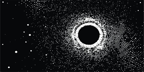 Abstract black hole illustration with swirling white dots and particles in dark space © vintage style