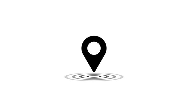 Location pin icon animation on white background, black map pointer marker with radar wave ripples for navigation gps position, digital destinatigraphic element for website and app development