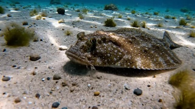 Underwater close-up view of a flatfish with speckled patterns camouflaged on a sandy seabed