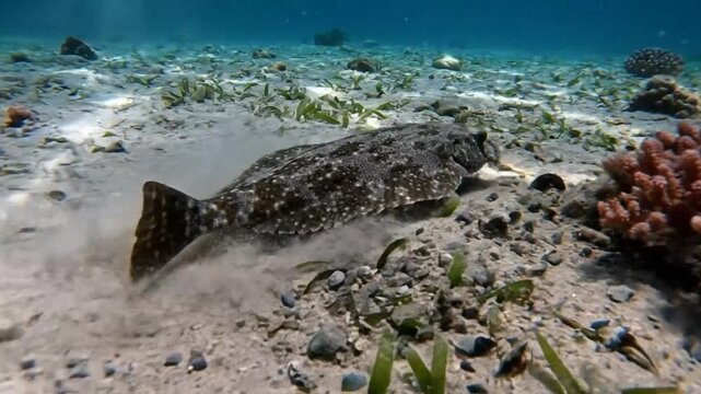 Underwater view of a flatfish with spotted patterned skin resting on the sandy seabed near coral reefs