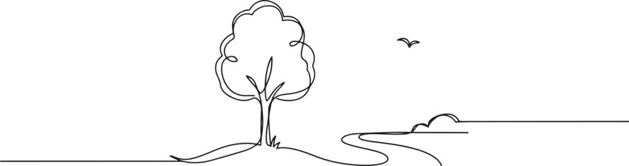 Obraz premium Lonely tree. Landscaped park with path and tree. A place to relax in nature. one line Art icon drawing vector