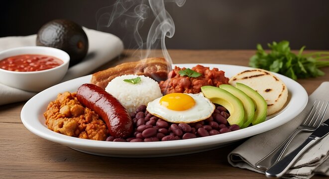 Traditional Colombian breakfast platter with eggs, beans, meat, plantains and avocado on white plate