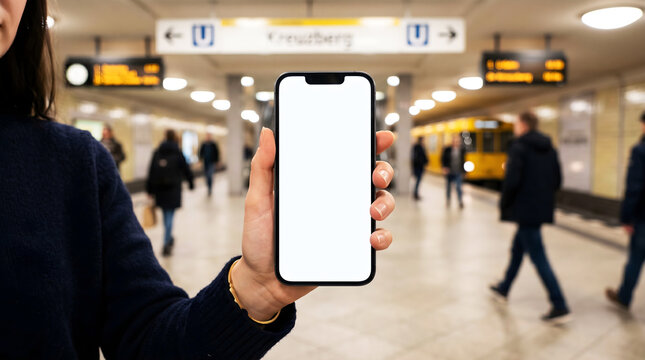 Hand holding mobile phone with blank white screen mockup in Berlin subway station at Kreuzberg for transit app presentation, digital navigation ticketing and urban travel tech display.
