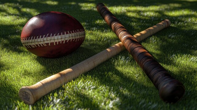 Classic Rounders Game Set on Grassy Field, under Sunlight: A nostalgic scene of a vintage rounders ball and mallets resting on a lush green lawn, bathed in sunlight.