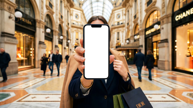 Hand holding mobile smartphone blank white screen mockup, faceless stylish woman presenting device, luxury shopping arcade high end fashion boutiques marble floor background. 8k. AI
