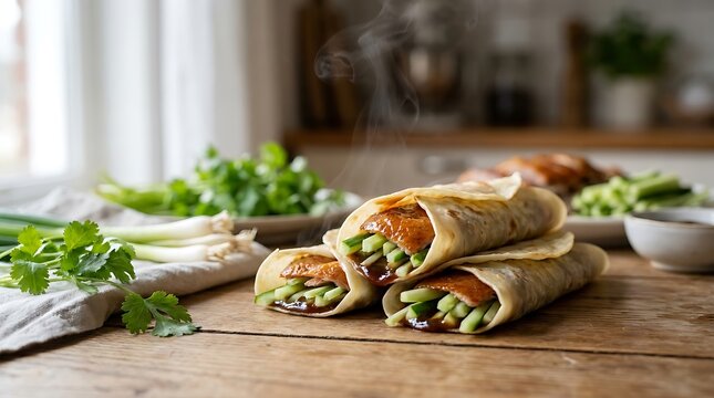 Freshly prepared crispy duck pancakes with vegetables and hoisin sauce on wooden board