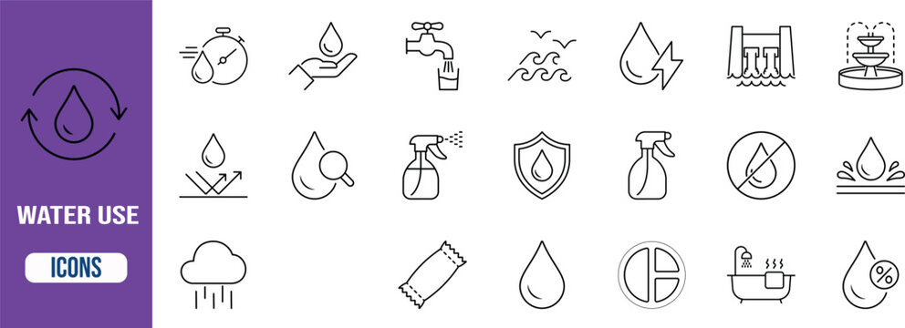 Water use and conservation icons. waterdrop icon set, faucet icon set, dam icon set