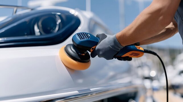 Person's gloved hands operating an electric polisher buffer tool to renew and maintain the sleek, shiny surface of a luxury yacht, performing boat detailing services outdoors