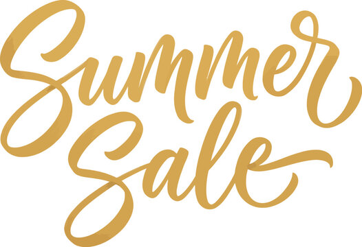Elegant gold script lettering displaying the words summer sale with a stylish flowing calligraphic font style designed for modern seasonal retail advertising and marketing campaigns.