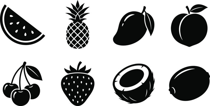 Minimalist black and white vector illustration set featuring various tropical and seasonal fruit icons designed with clean lines for modern web or print graphic projects.