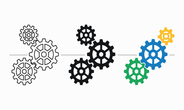 Interlocking gears in black blue green and yellow a vector illustration cogwheels toothed wheels mechanical