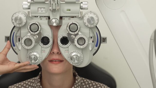 A positive female patient undergoes a professional vision check and refraction test using advanced ophthalmic equipment. This high-value commercial stock imagery represents preventative healthcare, pr