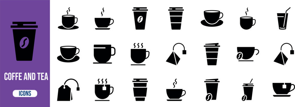 Hot coffee tea beverage icons. coffee cup icon set, tea bag icon set, takeaway cup icon set