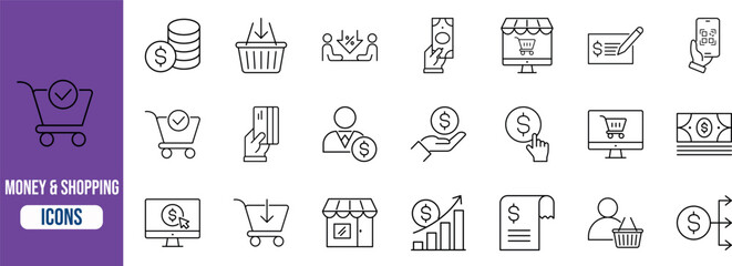 Money and shopping outline icons. shopping cart icon set, money icon set, store icon set © Dream Forge Studio 