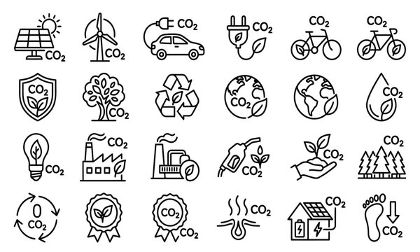 Environmental sustainability line icons depicting renewable energy and carbon dioxide reduction carbon dioxide co2 emission renewable energy