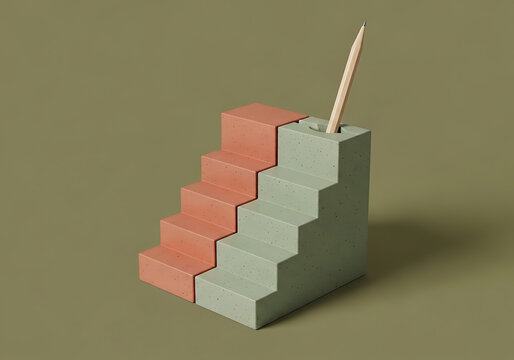 Staircase-shaped concrete bookend with pen holder and pencil