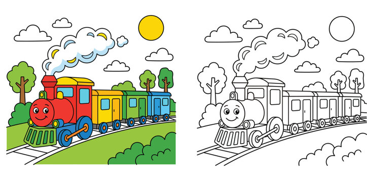 Cute colorful cartoon toy train traveling on tracks with trees and sun, featuring a coloring page version for children.