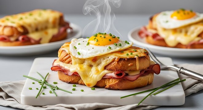 Gourmet Croque Monsieur with Fried Egg and Melted Cheese, Steaming Hot
