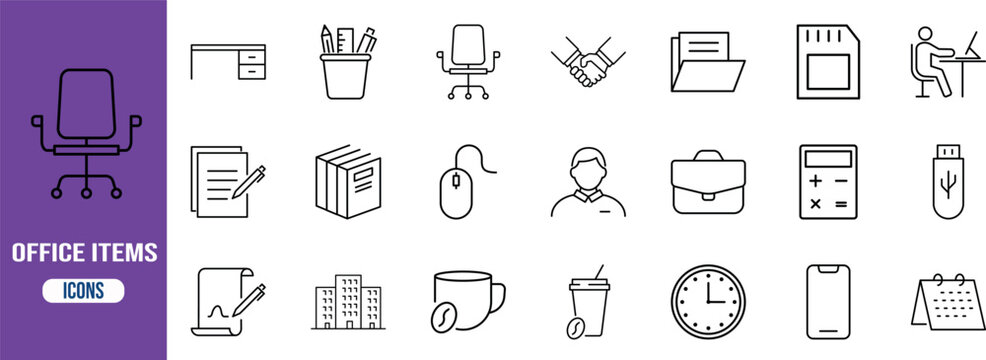 Business office items vector icons. chair icon set, desk icon set, folder icon set