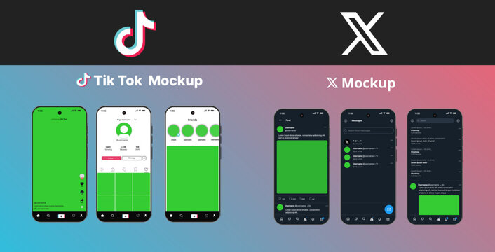 X and TikTok mockup template with mobile screen layout and X and TikTok logos on transparent background for short-form content presentation, X and  tik tok logo, icon, stock vector