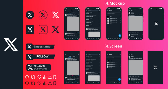 X and TikTok mockup template with mobile screen layout and X and TikTok logos on transparent background for short-form content presentation, X and  tik tok logo, icon, stock vector
