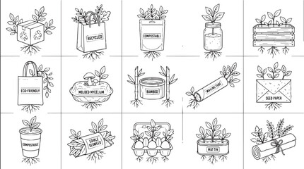 Obraz premium Black and white illustrations of various planters and bags with plants.