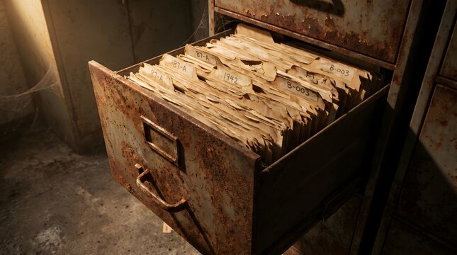 Rusty vintage filing cabinet drawer opened to reveal organized old manila folders with dates and codes from 1942.
