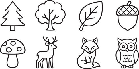 Forest Modern and Premium Icon Set, Featuring pine tree, oak tree, leaf, acorn and More, Editable Stroke, Outline Icon Collection © MNSTUDIO