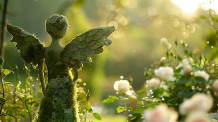 Naklejka premium Moss-covered angel statue stands in sunlit garden. Wings spread wide, peaceful and serene. Soft glow highlights delicate petals nearby. Ideal for themes of peace, nature, or spiritual calm