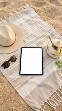 A tablet, straw hat, sunglasses, and coconut on a striped towel on the sand. Concept of digital nomad lifestyle, summer vacation, relaxation, and travel essentials. Generative AI.