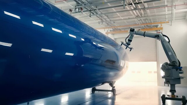Robotic arm painting airplane fuselage in industrial factory. Automated spray system applying coating on aircraft. Manufacturing technology in aerospace development.